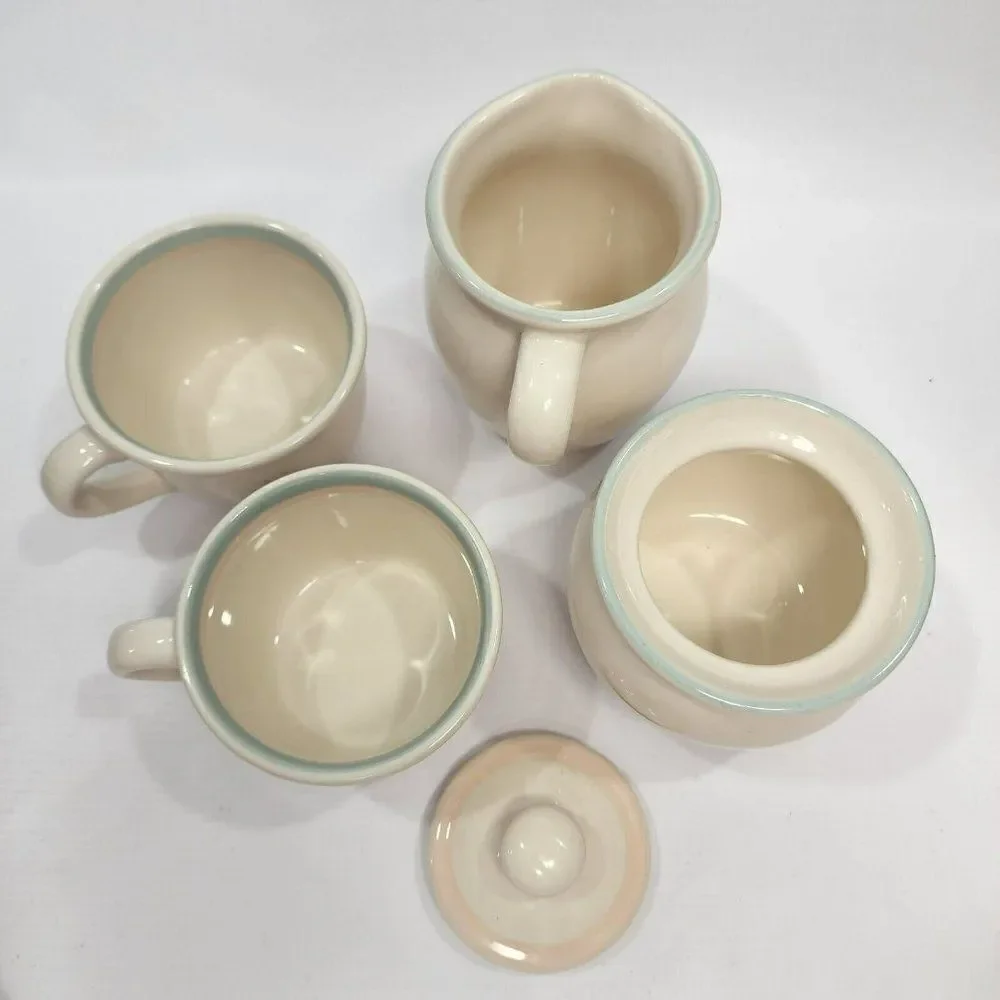 4pc Vtg Aura by Pfaltzgraff,‎ Stoneware Cream Pitcher & Sugar Bowl + 2 teacups